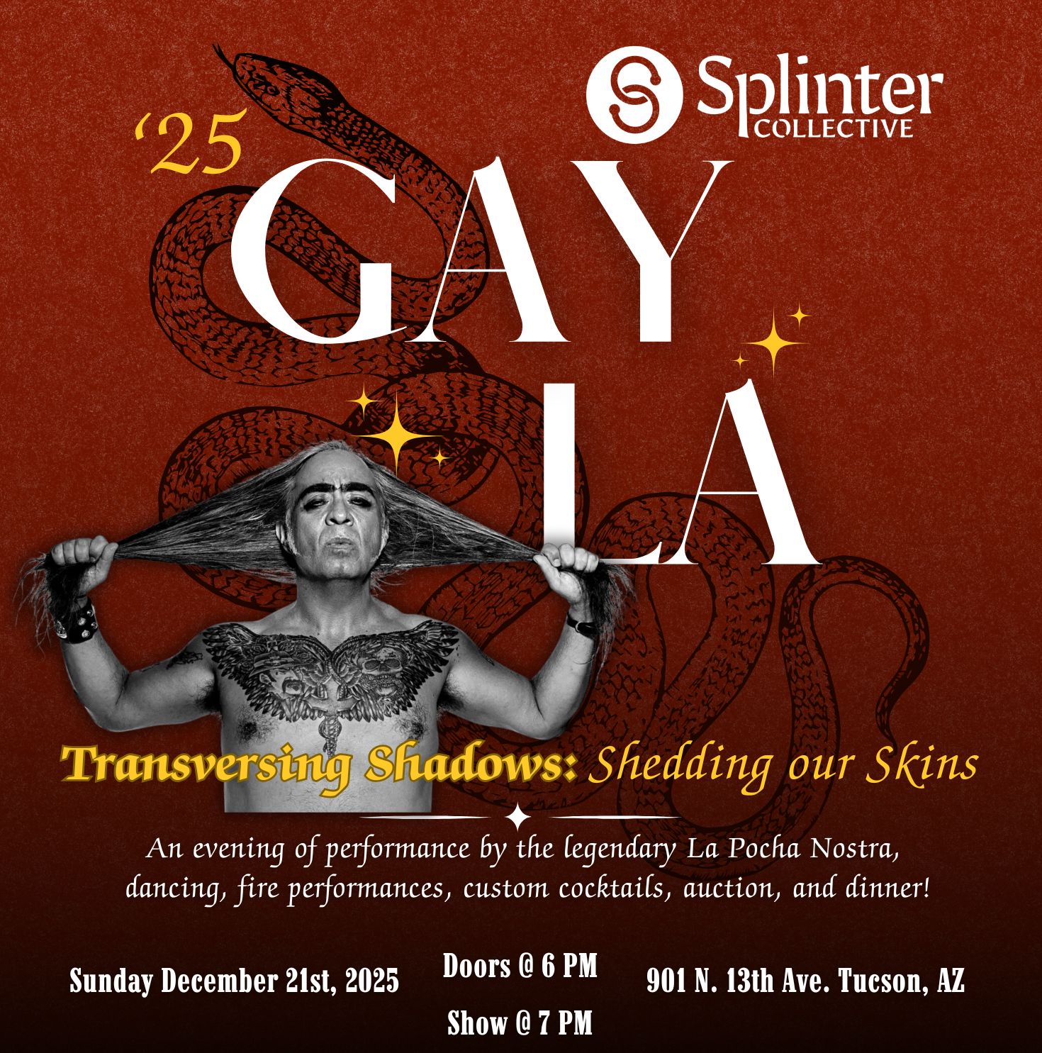 2025 gayla poster featuring an image of Guillermo who is one of the founders of the world renowned La Pocha Nosta