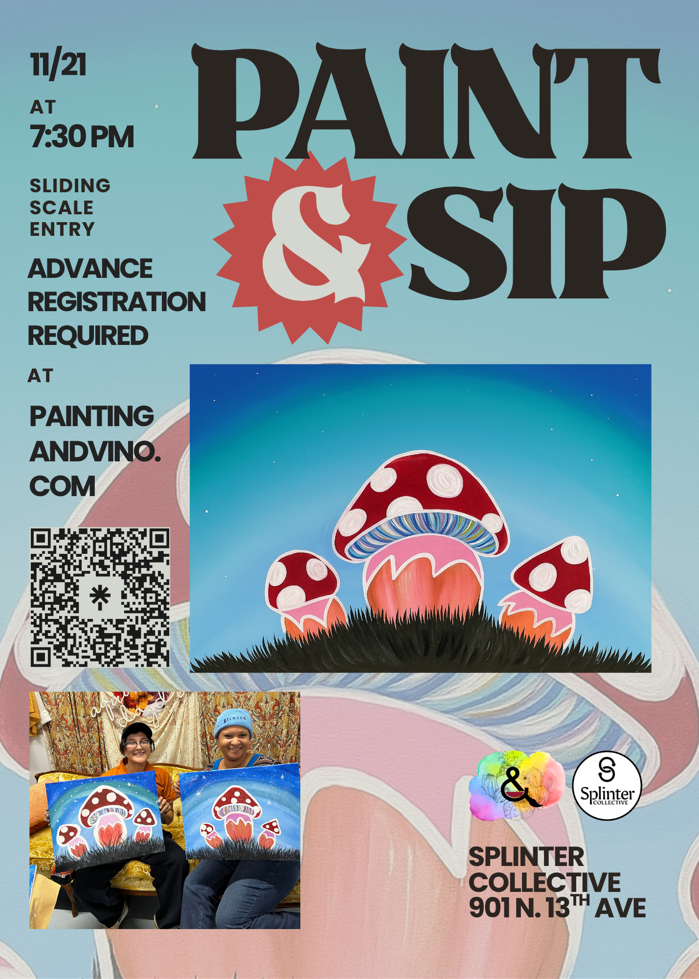 two red mushrooms painted on a blue backround