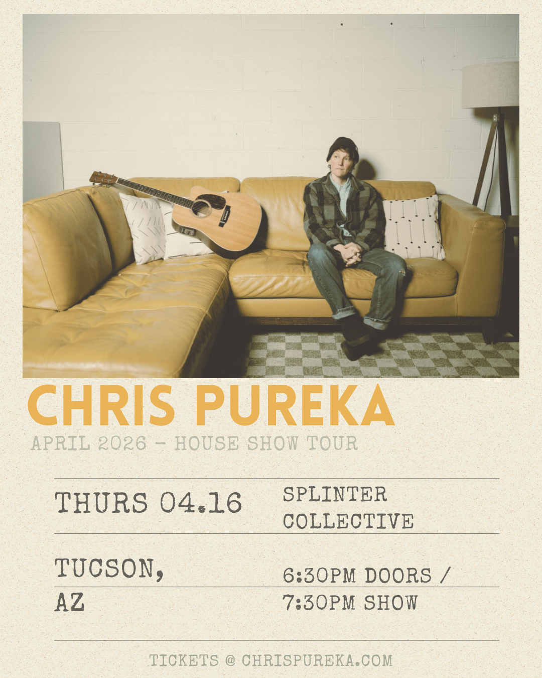 Chris Pureka, April 2026, House Show Tour, Thursday april 16 at splinter collective in Tucson Arizona, doors at 6:30 show at 7:30