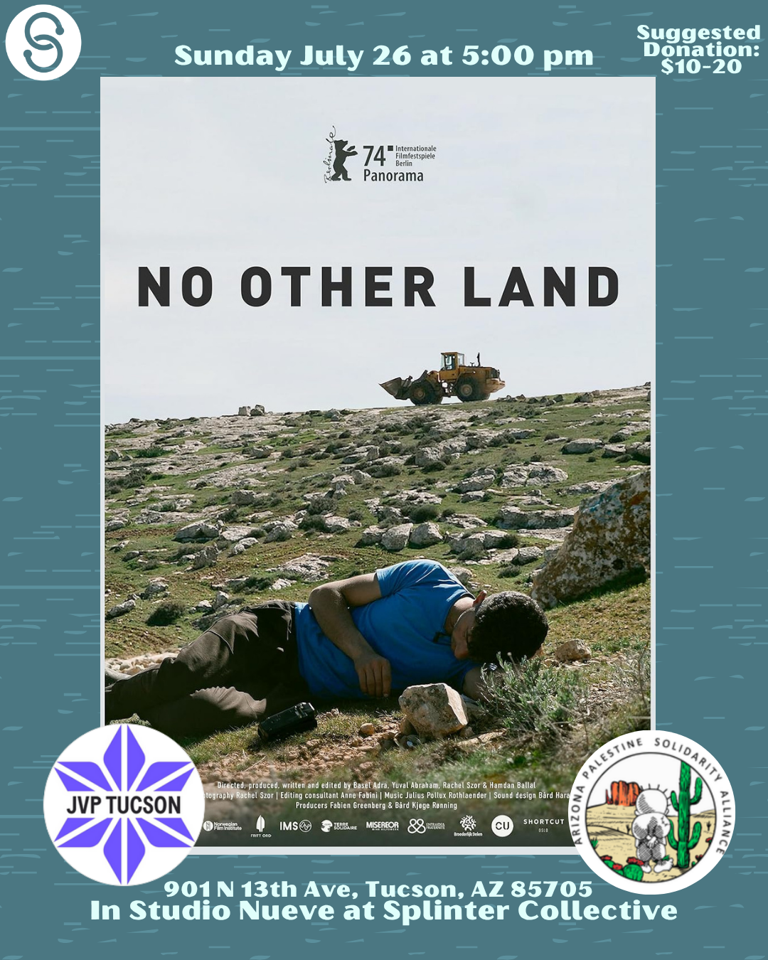 No Other Land, Sunday July 26th at 5pm, Suggested donation: $10-20, JVP Tucson and Arizona Palestine Solidarity Alliance, 901 N 13th Ave, Tucson, AZ 85705